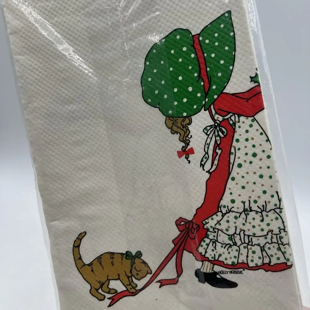 Vtg Christmas Holly Hobbie Cat Paper Table Cover Tablecloth 52x96 80s Grannycore